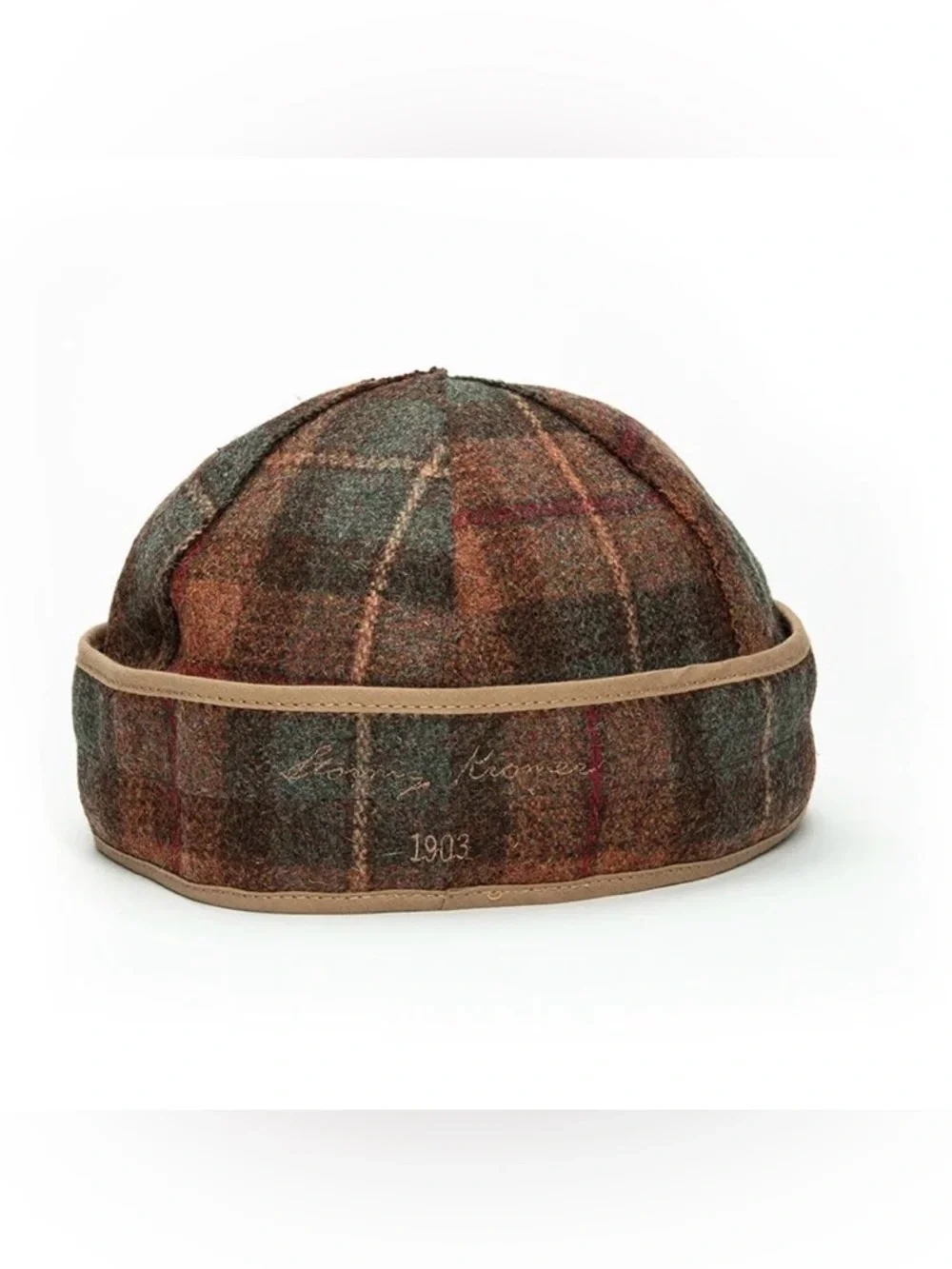 Stormy Kromer Partridge Plaid Wool Hat Brown Orange Tan Size 7 or 7 3/8
